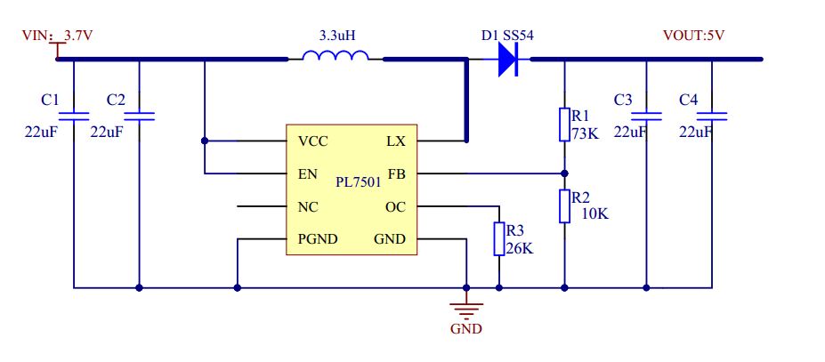 PL7501典型應用電路圖 3V,3.3V,3.7V升壓6V,輸出1.5A的升壓IC-PL7501