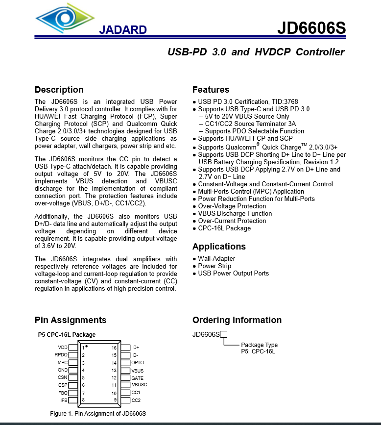 支持蘋(píng)果20W PD快充協(xié)議芯片JD6606S