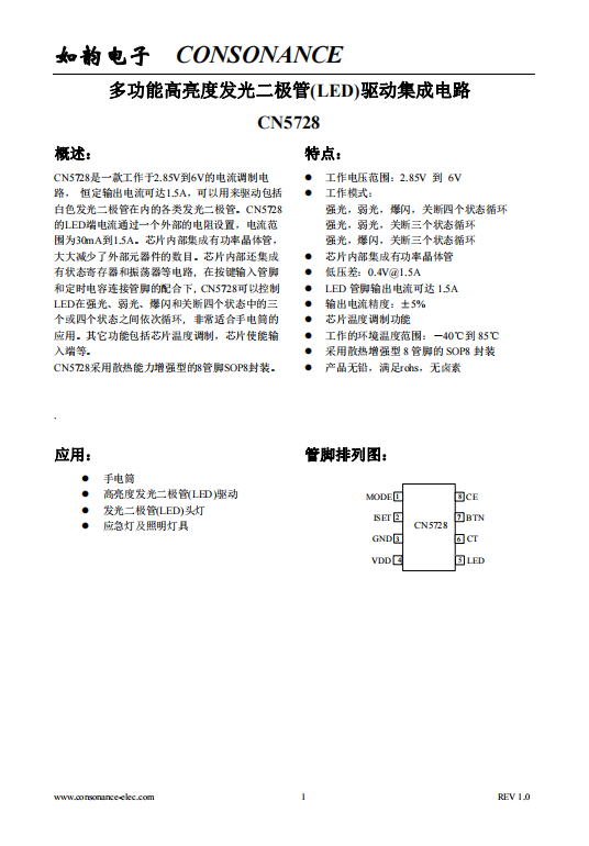 CN5728：寬電壓LED驅動電路，30mA至1.5A可調恒流輸出