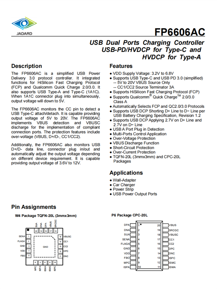 FP6606AC USB-PD 3.0協議控制器 支持USB Type-A、USB Type-C 快速充電協議IC芯片 FP6606AC USB-PD 3.0協議控制器 支持USB Type-A、USB Type-C 快速充電協議IC芯片