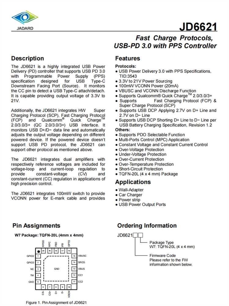 JD6621 快速充電協議IC USB-PD 3.0與PPS控制器 百盛電子代理商 JD6621 快速充電協議IC USB-PD 3.0與PPS控制器 百盛電子代理商