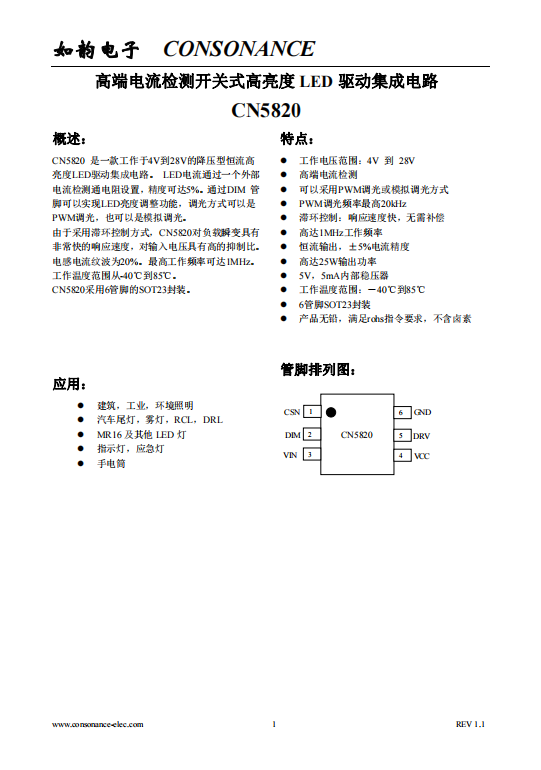CN5820：4V至28V寬壓恒流LED驅(qū)動IC，5%高精度，支持PWM與模擬調(diào)光