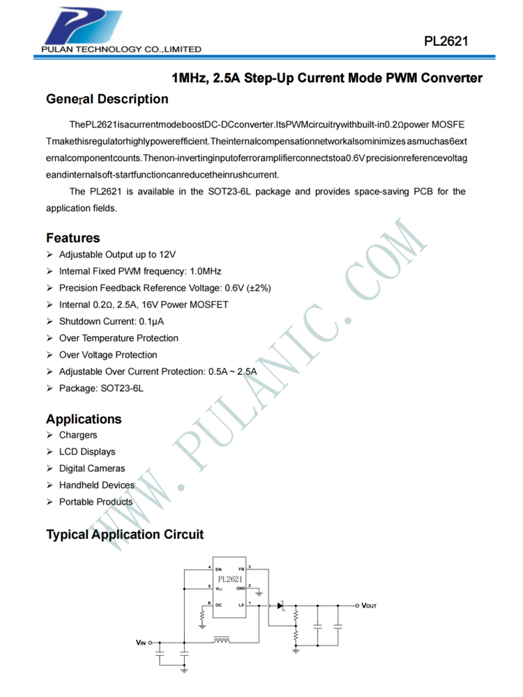 PL2621 SOT23-6L PWM升壓DC/DC轉換器 PL2621 SOT23-6L PWM升壓DC/DC轉換器