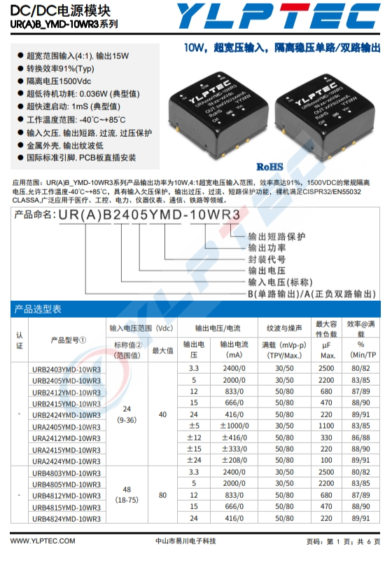 URB2412YMD-10WR3 10W,超寬壓輸入,隔離穩壓單路/雙路輸出 URB2412YMD-10WR3 10W,超寬壓輸入,隔離穩壓單路/雙路輸出