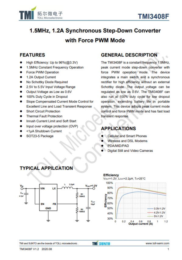TMI3408F  1.5MHz、1.2A同步降壓型轉(zhuǎn)換器 具有強制PWM模式
