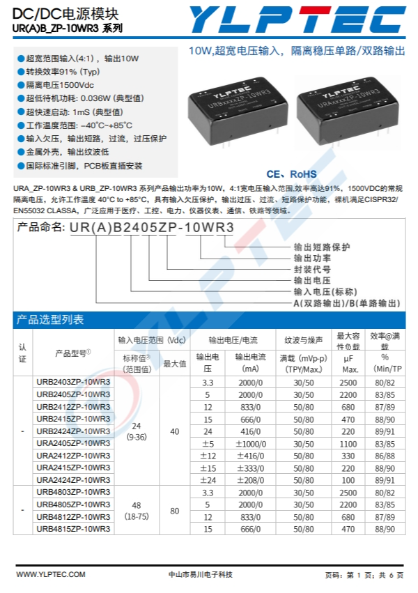 URB2405ZP-10WR3  10W,超寬電壓輸入，隔離穩(wěn)壓單路/雙路輸出