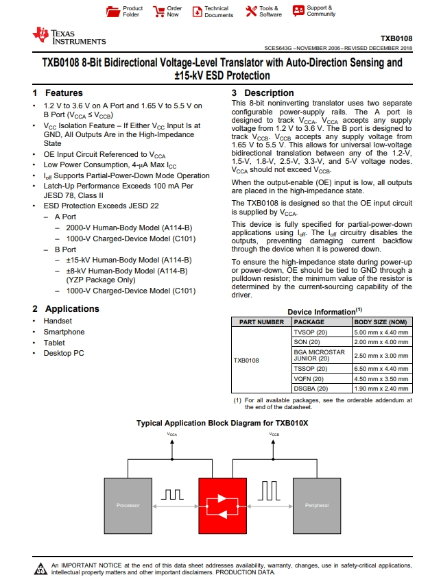 TXB0108RGYR 具有自動(dòng)方向感應(yīng)和 +/-15kV ESD 保護(hù)的 8 位雙向電壓電平轉(zhuǎn)換器 TXB0108RGYR 具有自動(dòng)方向感應(yīng)和 +/-15kV ESD 保護(hù)的 8 位雙向電壓電平轉(zhuǎn)換器