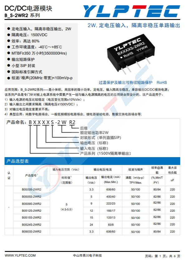 B2424S-2WR2 2W,定電壓輸入,隔離非穩壓單路輸出 B2424S-2WR2 2W,定電壓輸入,隔離非穩壓單路輸出